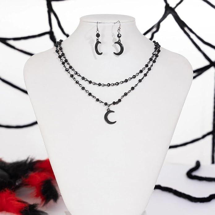 Vintage Black Beaded Choker Necklace Earring Set for Women,Gothic Dark Moon Statement Dangling Earring,Trendy Halloween Party Vampire Jewelry Accessories Gifts