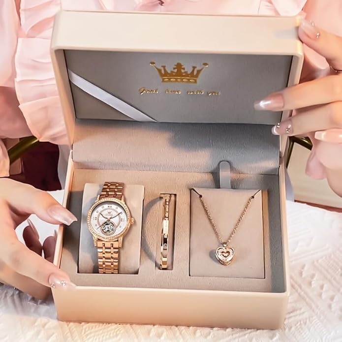 OLEVS Women’s Watch Automatic Diamond Tourbillon Luxury Fashion Stainless Steel Waterproof Luminous Wrist Watches for Ladies Gift Rose Gold/Starry Sky Blue/Silver