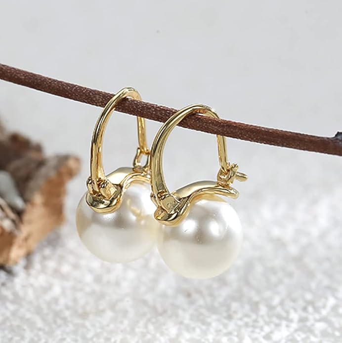 14K Gold/White Gold Plated Minimalist Pearl Hoop Earrings,Huggies Dangle Earrings Jewelry