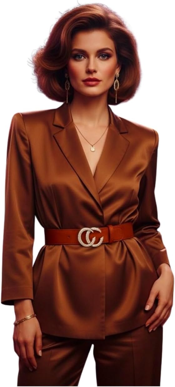 Women's Brown Faux Leather Stretch Waist Belt – Chic Rhinestone CC Buckle – Skinny Adjustable Fashion Accessory – Size S/M – WB30