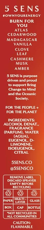 5 SENS Burn For You Eau de Parfum Travel Spray (10 mL) - Clean, Long-Lasting Fine Fragrance - Warm, Woody, Spicy with Cedarwood, Vanilla, Clove, Cashmere Musk & Amber - Vegan, Cruelty-Free