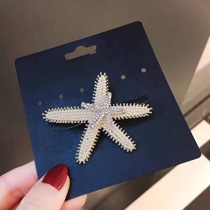 Pearl Starfish Hair Clip, Rhinestone Crystal Sea Star Hair Pins Alligator Barrettes Ponytail Holder Bride Beach Wedding Headpiece, Mermaid Costume Accessories for Women Girls(K)