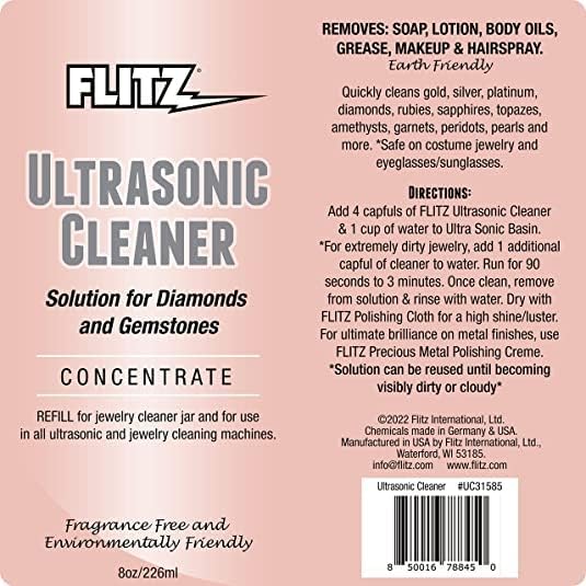 Flitz Ultrasonic Jewelry Cleaner Solution - 8oz Bottle of USA-Made Gold & Sterling Silver Cleaner Jewelry Tarnish Remover to Restore - Ultrasonic Cleaning Solution for Diamond Rings, Earrings & More