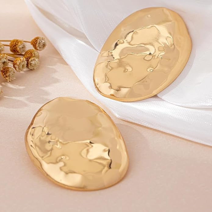 Gold Statement Necklace and Earring Set,Hammered Long Big Pendant Chunky Necklaces and Earrings Extra Large Long Accessories for Women Trendy Jewelry Set Gifts