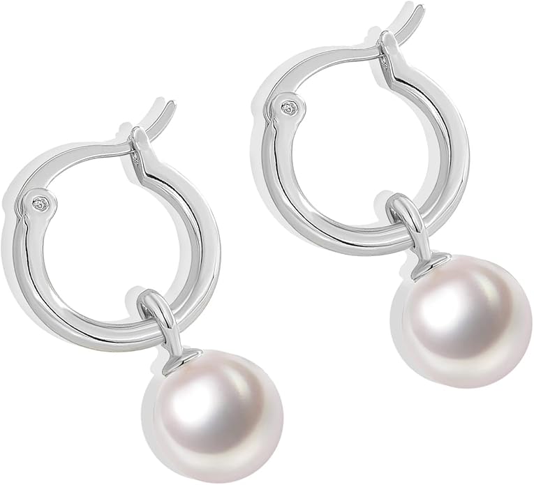 14K Gold/White Gold Plated Minimalist Pearl Hoop Earrings,Huggies Dangle Earrings Jewelry