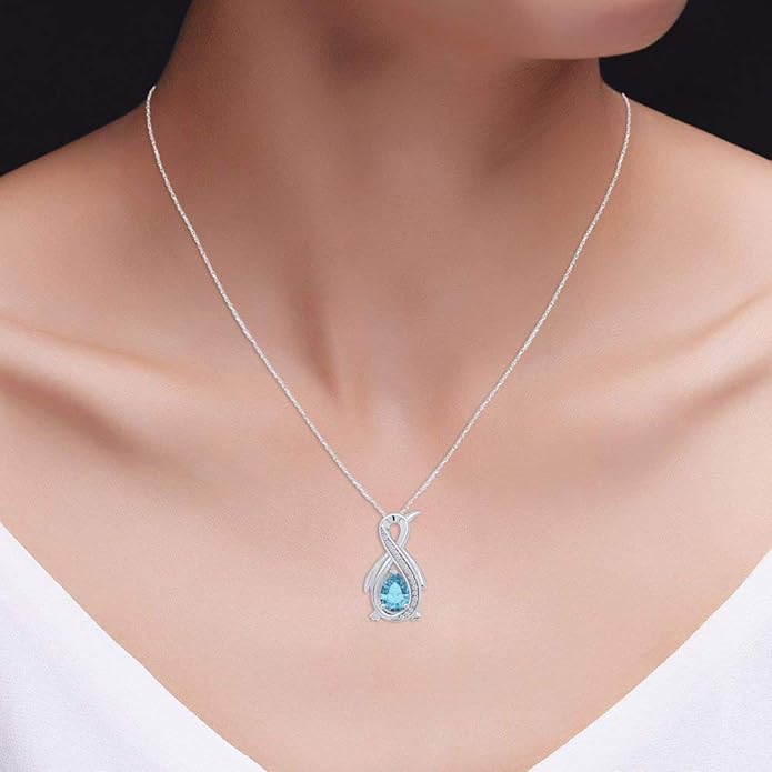 Infinity Penguin Pendant Necklace for Women, 14K Gold Over Sterling Silver with Pear & Round Cut Simulated Birthstone & White Diamond Accents, Dainty Animal Jewelry Gift with 18" Chain