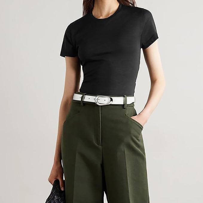 Womens White Belts with Gold Buckle Leather Belts for Women Ladies Fashion Waist Belt