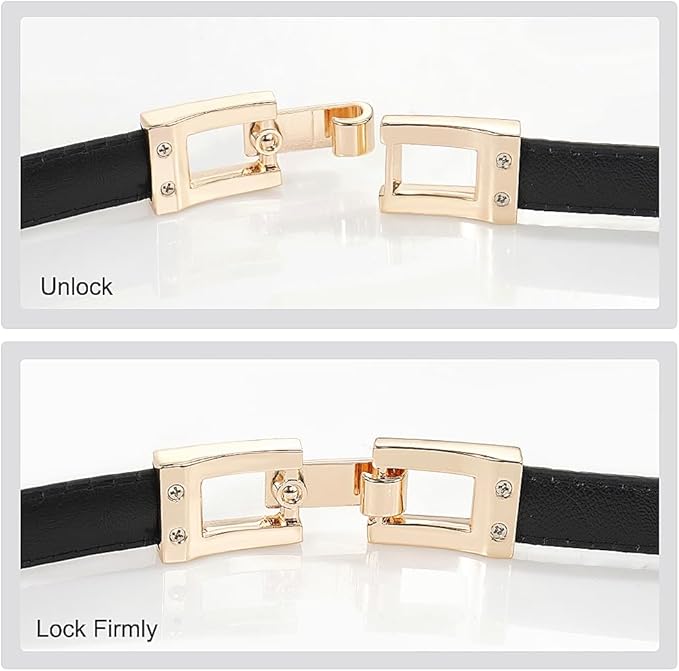 Glamorstar Skinny Belts for Women Thin PU Leather Waist Belt with Gold Buckle for Dresses