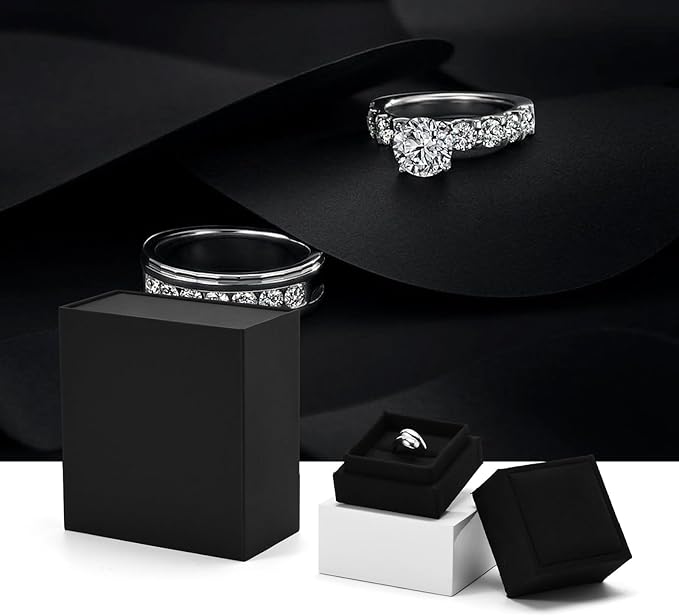 Oirlv Velvet Ring Gift Box with Exquisite Outer Packaging, Wedding Proposal Engagement Ring Box, Birthday Present Gift Box with Blank Greeting Card(Black)