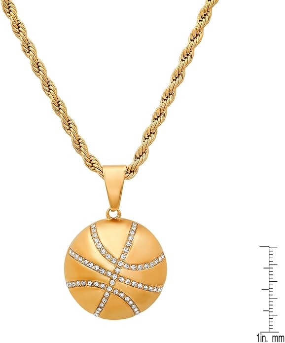 Basketball Necklace - 18K Plated Basketball Chain with Hoop for Men, Women, Teens - Gold, Silver & Black Color Options - Stainless Steel Sports Pendant with Simulated Diamond CZ Stones