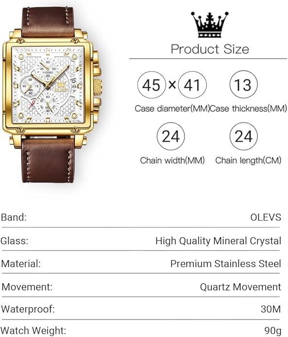 OLEVS Men's Casual Leather Watch, Big Face Chronograph Watch for Men, Fashion Easy to Read Dress Watch, Men's Waterproof Luminous Date Analog Watch, Gold/Black/White/Blue Dial