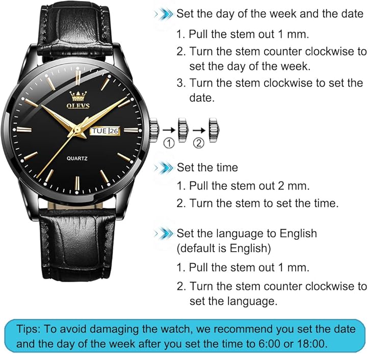 OLEVS Men's Simple Watch with Day and Date, Stainless Steel Analog Quartz Watches for Men, Classic Luminous Hands Men's Dress Watches, Black/White/Blue Dial