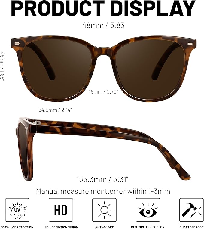 Retro Polarized Sunglasses for Women Men Big Frame Vintage Style Trendy Shade UV400 Protection Lens Sun Glasses