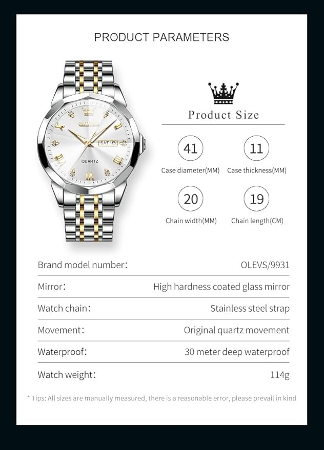 OLEVS Watch for Men Women Large Face Unisex Diamond Luxury Dress Analog Quartz Stainless Steel Waterproof Luminous Date Business Casual Wrist Watch