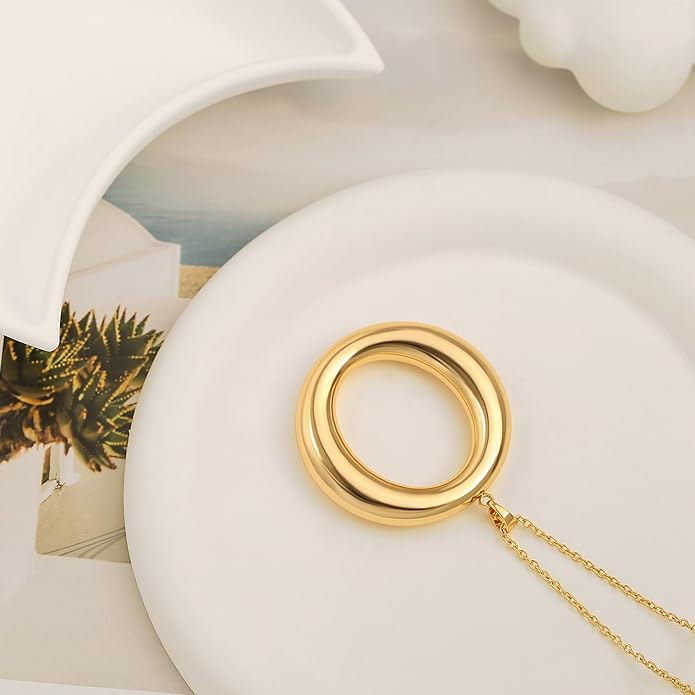 SOFYBJA 18K Gold Plated Circle Pendant Necklace Long Satellite Beaded Chain Jewelry for Women Dainty Hammered Karma Open Circle Charm Geometric Necklace