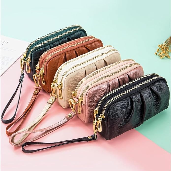 Genuine Leather Wristlet for Women, Ruched Clutch Wallet Purse, Compact Ladies Wristlet with Card Slots
