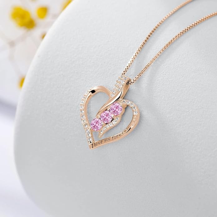 Rose Heart Birthstone Necklace for Women - Solid S925 Sterling Silver with Rose Gold Plated Infinity Symbol of Love Valentine's, Mother's Day, Anniversary, Christmas Birthday Gift for Her, Mom, Wife, or Girlfriend.