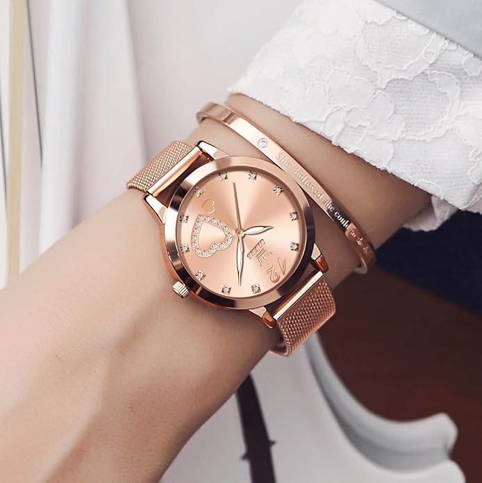 OLEVS Women's Small Wrist Rose Gold Tone Watch - Cute Diamond Heart Arabic Numerals Dial, Fashion Waterproof Mesh Bracelet Analog Dress for Ladies