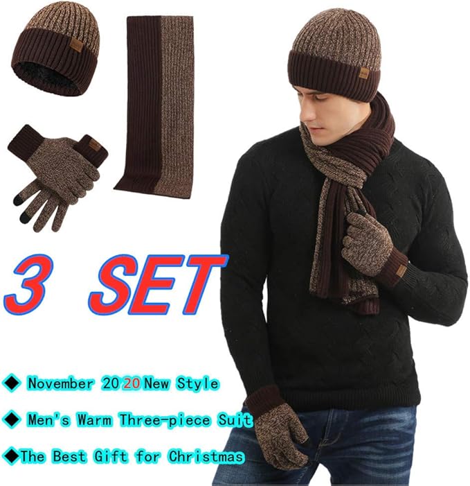 Mens Winter Scarf Hats and Gloves Set Knit Beanie Hat Warmer Scarfs and TouchScreen Glove 3 Pcs for Men