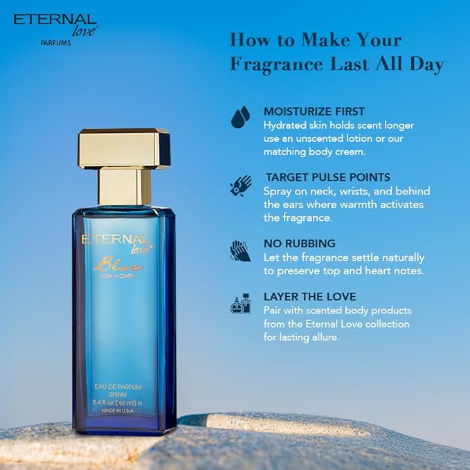 Eternal Love Blue for Women - Long Lasting Eau de Parfum Spray - Soft Powdery Floral Scent with Vanilla & Jasmine - Feminine & Alluring Fragrance - 1.7oz