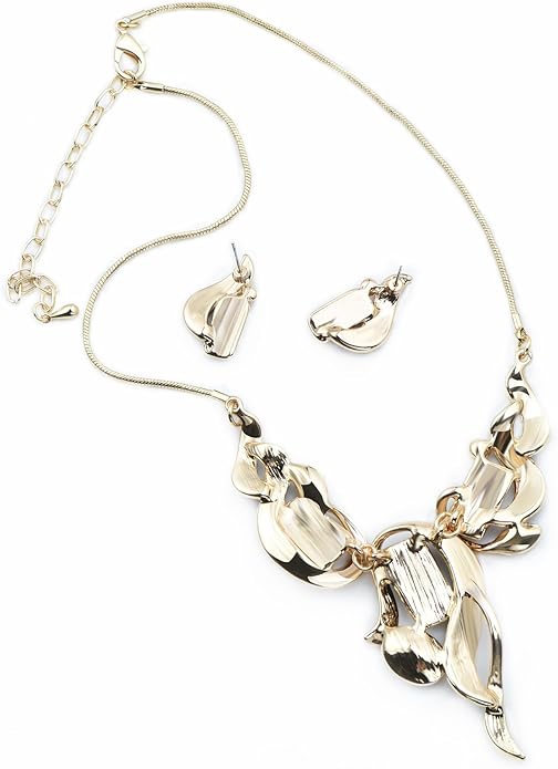 Retro Women's Crystal Floral Petal Leaf Chunky Statement Necklace and Earrings Set Party Jewelry