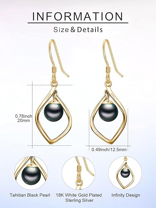 Tahitian Black Pearl AAAA 18K Gold Plated Sterling Silver Dangle Drop Earrings for Women Wife Mom Girlfriend Valentine Her Jewelry Gift for Anniversary Birthday Christmas