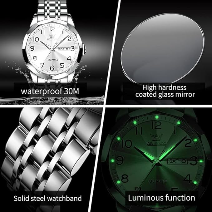 OLEVS Watch for Men Women Large Face Unisex Diamond Luxury Dress Analog Quartz Stainless Steel Waterproof Luminous Date Business Casual Wrist Watch