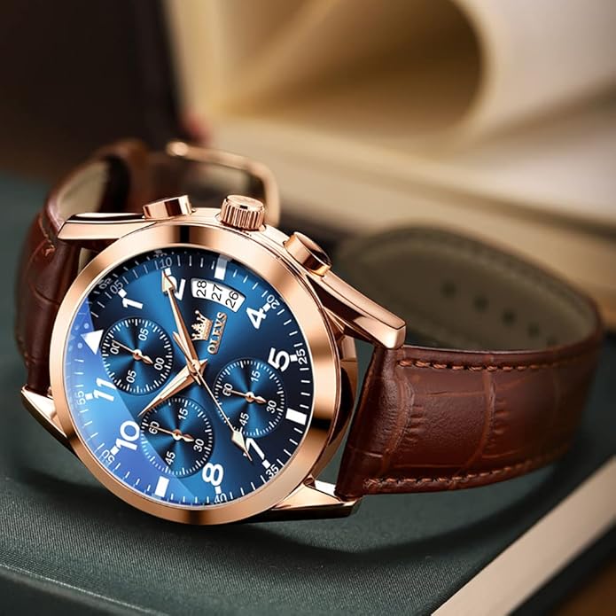 OLEVS Men's Casual Leather Watch, Big Face Chronograph Watch for Men, Fashion Easy to Read Dress Watch, Men's Waterproof Luminous Date Analog Watch, Gold/Black/White/Blue Dial