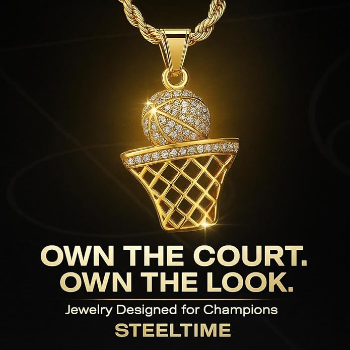 Basketball Necklace - 18K Plated Basketball Chain with Hoop for Men, Women, Teens - Gold, Silver & Black Color Options - Stainless Steel Sports Pendant with Simulated Diamond CZ Stones