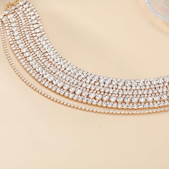 Boho Fashion Prom Shinny Luxury Rhinestones Choker Necklace Dainty Layered Sexy Body Chain Choker Necklace Dainty Gold Silver Halloween Christmas Necklace Gift for Women