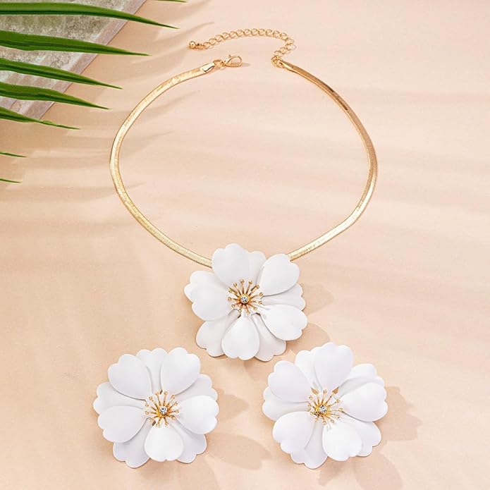 Vintage Flower Necklace Earring Set Gold Snake Chain Necklace Bohemian Red Flowers Choker Necklaces Hypoallergenic Statement Flower Stud Earrings Elegant Bridal Wedding Summer Beach Jewelry