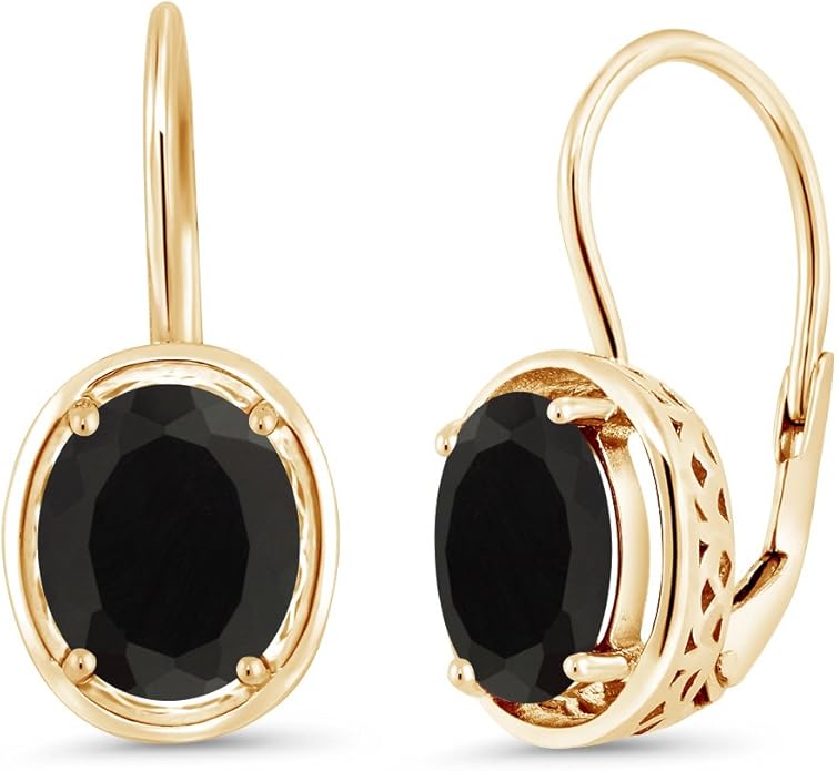 Gem Stone King 4.00 Cttw Black Onyx Dangle Earrings For Women In 18K Yellow Gold Plated Silver | Gemstone Birthstone | Oval 9X7MM