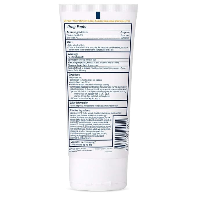 CeraVe 100% Mineral Sunscreen SPF 50 with Zinc Oxide & Titanium Dioxide, Hyaluronic Acid & Ceramides, Oil Free & Non-Greasy, Hydrating Mineral Sunscreen For Body, 5 oz