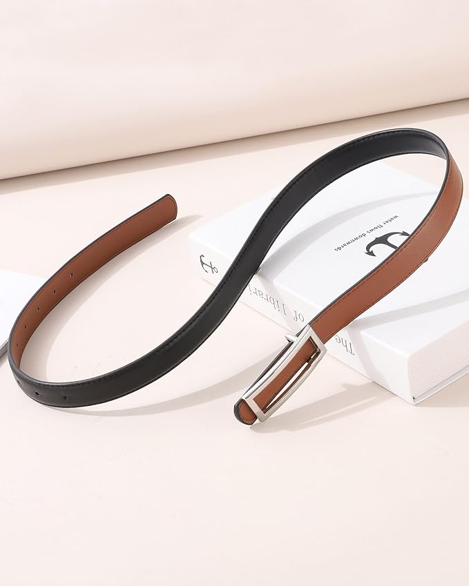 AWAYTR Women Reversible Leather Belt - Two-in-One Women Fashion Skinny Belt for Jeans with Golden Buckle