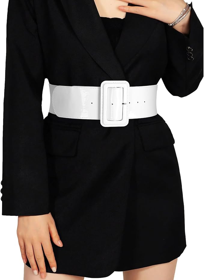 Wide Patent Leather Cinch Belt - Fashion Square Buckle Waist Belt for Dresses and Coats