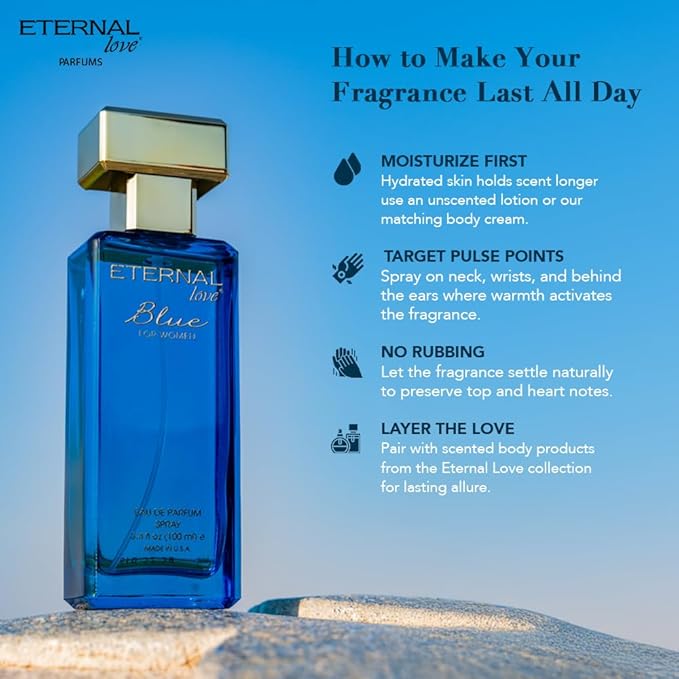Eternal Love Blue for Women - Long Lasting Eau de Parfum Spray - Soft Powdery Floral Scent with Vanilla & Jasmine - Feminine & Alluring Fragrance - 3.4oz