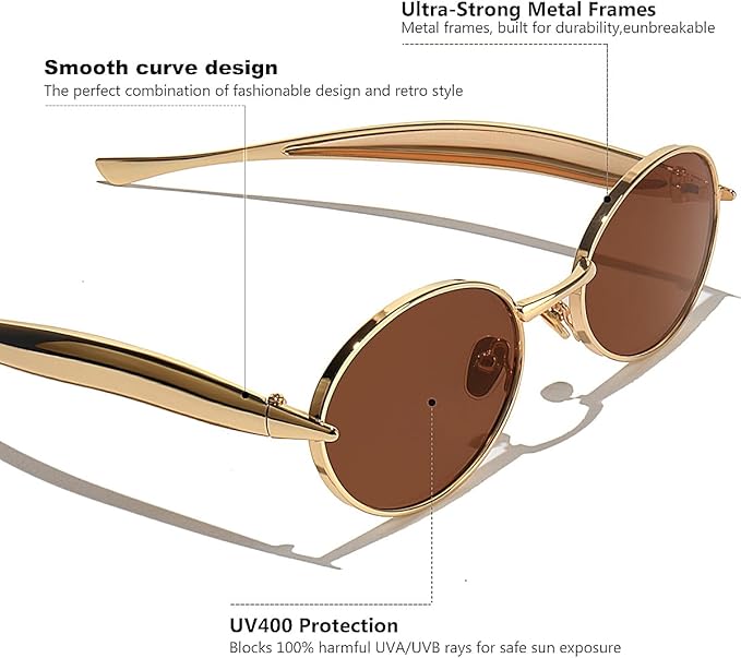 Retro Oval Sunglasses for Women Men - Classic 90s Vintage Trendy Shades with UV400 Protection, Gold Metal Frame