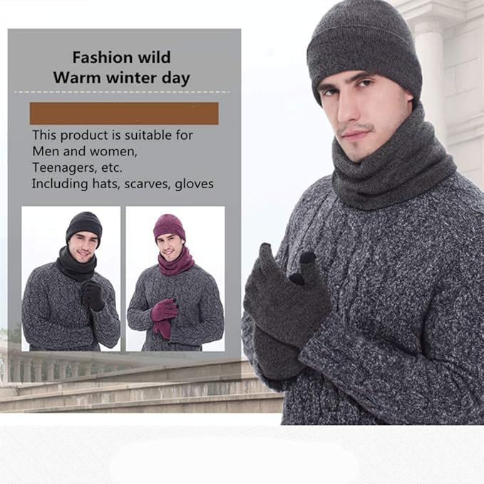 Mens Winter Scarf Hats and Gloves Set Knit Beanie Hat Warmer Scarfs and TouchScreen Glove 3 Pcs for Men