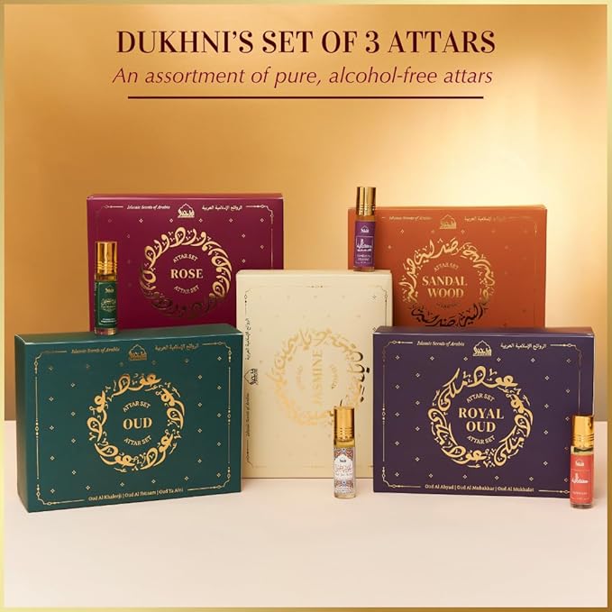 Dukhni Rose Attar Oil Set | Authentic Arabic Fragrance Oils 3pc x 6ml | 100% Pure, Alcohol-Free Original Gulab Attar Blends | Best gift for men & women, Ramadan gift, Islamic fragrance
