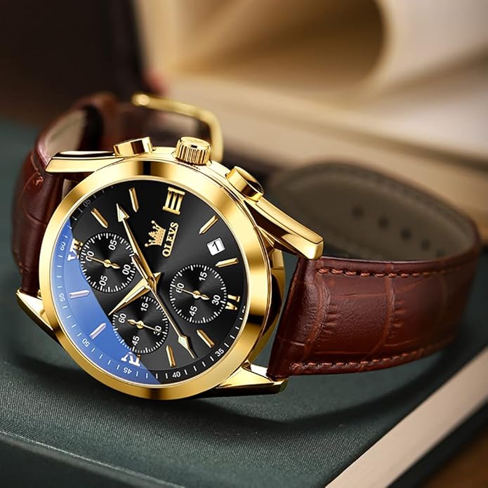OLEVS Men's Casual Leather Watch, Big Face Chronograph Watch for Men, Fashion Easy to Read Dress Watch, Men's Waterproof Luminous Date Analog Watch, Gold/Black/White/Blue Dial