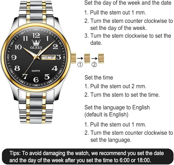 Men's Casual Stainless Steel Watch, Big Face Easy to Read Analog Quartz Watch with Day and Date, Classic Waterproof Diamond Roman Arabic Numerals Dial Dress Watch for Men, Gold Silver Black Band
