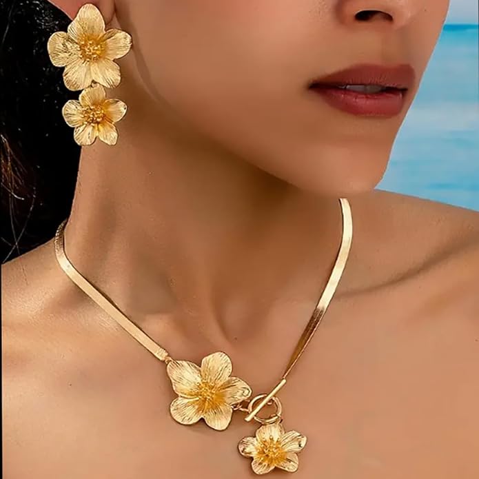 Vintage Flower Necklace Earring Set Gold Snake Chain Necklace Bohemian Red Flowers Choker Necklaces Hypoallergenic Statement Flower Stud Earrings Elegant Bridal Wedding Summer Beach Jewelry