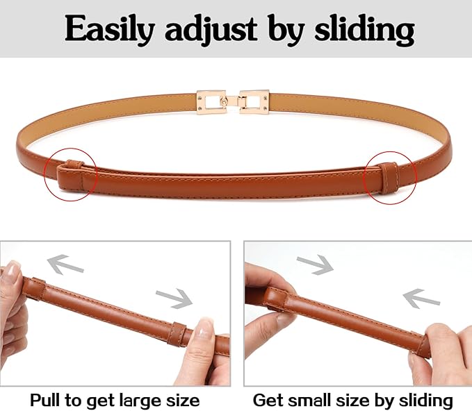 Women Skinny Belts, Thin Genuine Leather Waist Belts with Gold Buckle for Dresses