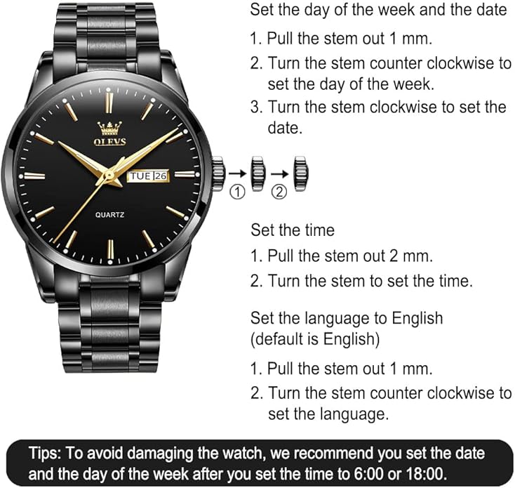 Men's Casual Stainless Steel Watch, Big Face Easy to Read Analog Quartz Watch with Day and Date, Classic Waterproof Diamond Roman Arabic Numerals Dial Dress Watch for Men, Gold Silver Black Band