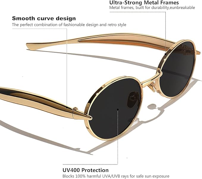 Retro Oval Sunglasses for Women Men - Classic 90s Vintage Trendy Shades with UV400 Protection, Gold Metal Frame