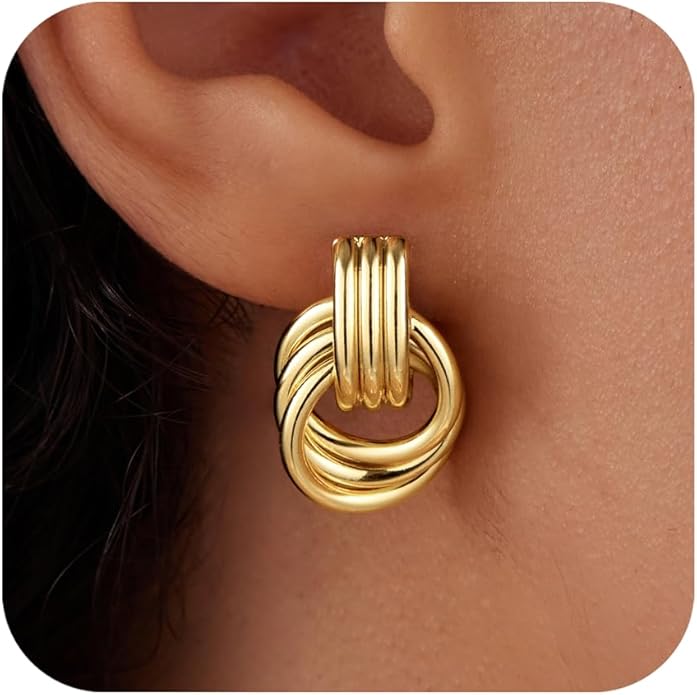 Gold Plated Statement Chunky Dangle Stud Earrings for Women, Gold Plated Hoop Knot Claw Earrings Tarnish Free Jewelry for Women Gifts