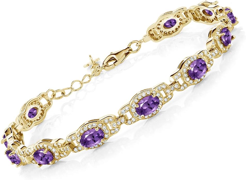 Gem Stone King 18K Yellow Gold Plated Silver Oval Gemstone Birthstone Tennis Bracelet For Women | Oval 6X4MM | 7 Inch With 1 Inch Extender | Fine Jewelry Gifts for Her Mom Women Wife
