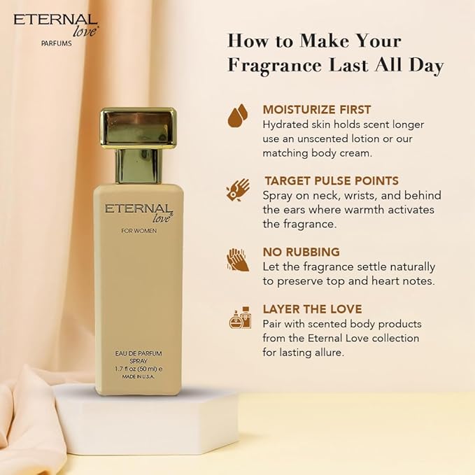 Eternal Love for Women - Long Lasting Eau de Parfum Spray - Premium Floral Fragrance with Peach & Sandalwood - Soft Feminine Scent - 1.7oz