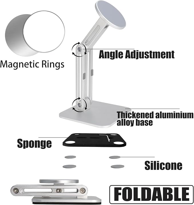 YUEFIEL Magsafe Phone Stand for Desk, Heightened & Adjustable & Foldable Metal Magnetic Phone Holder Stand for Desk/Office/Home, Compatible with iPhone 12-17All Series/Mag-Safe Case (Silver)