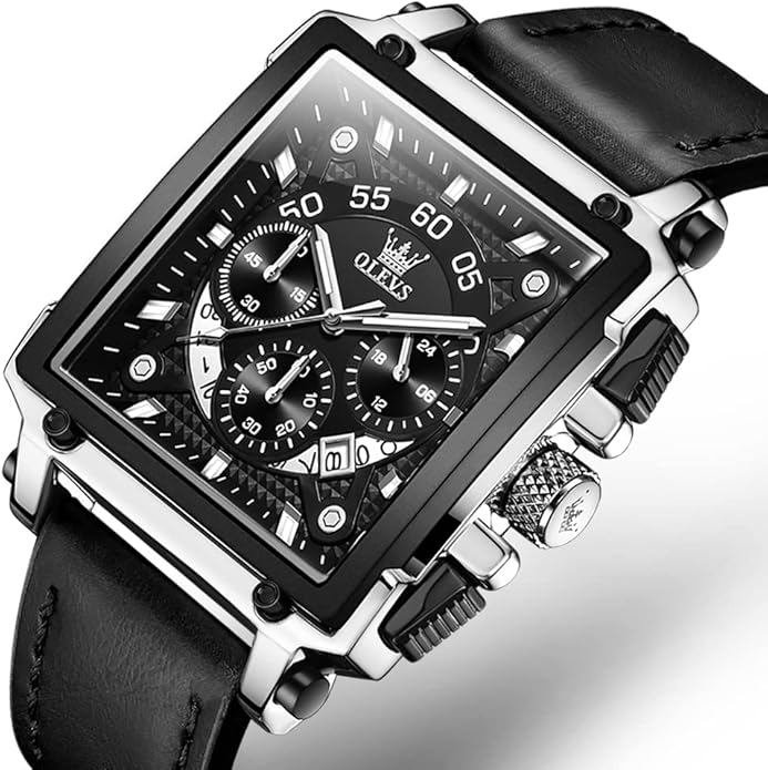 OLEVS Men's Casual Leather Watch, Big Face Chronograph Watch for Men, Fashion Easy to Read Dress Watch, Men's Waterproof Luminous Date Analog Watch, Gold/Black/White/Blue Dial